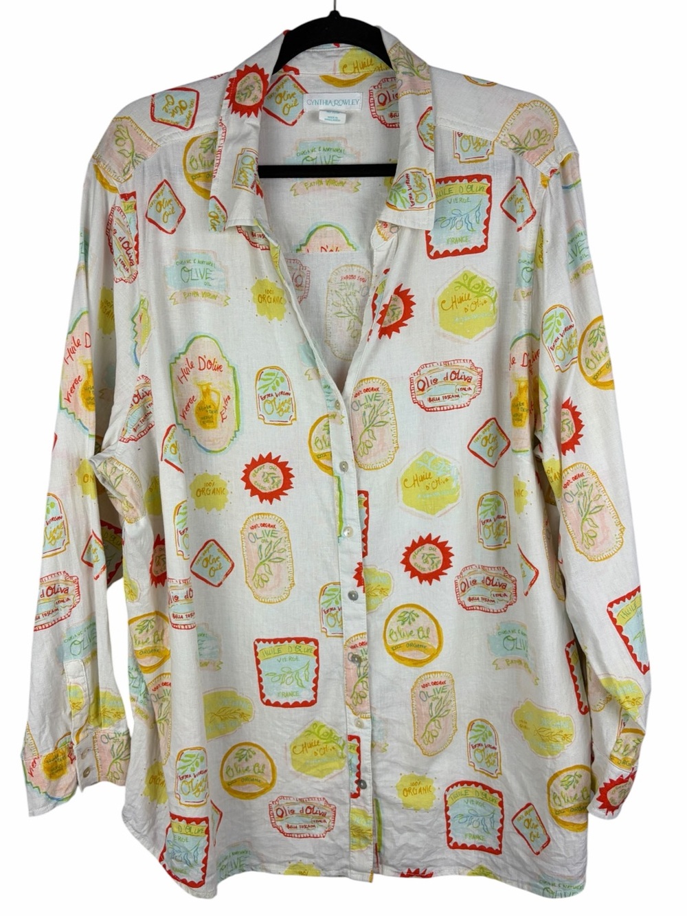 Cynthia Rowley Linen Blend Olive Oil Print Button Down Shirt 2X